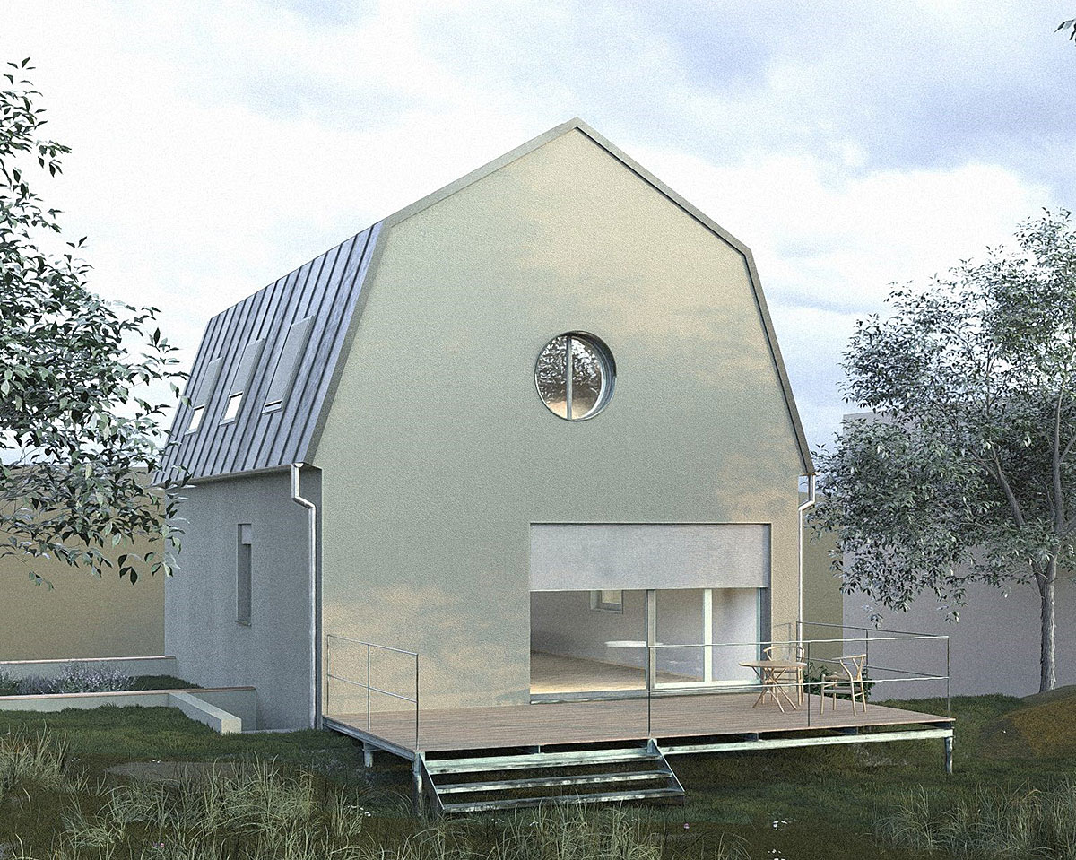Modernes Wohnhaus mit steilem Satteldach, runder Fensteröffnung im Giebel und Holzterrasse mit Sitzgruppe, umgeben von Bäumen und hohem Gras.